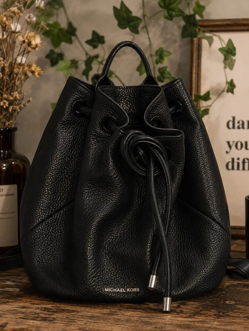Michael Kors Black Pebbled Leather Drawstring Backpack Quiet Luxury Large